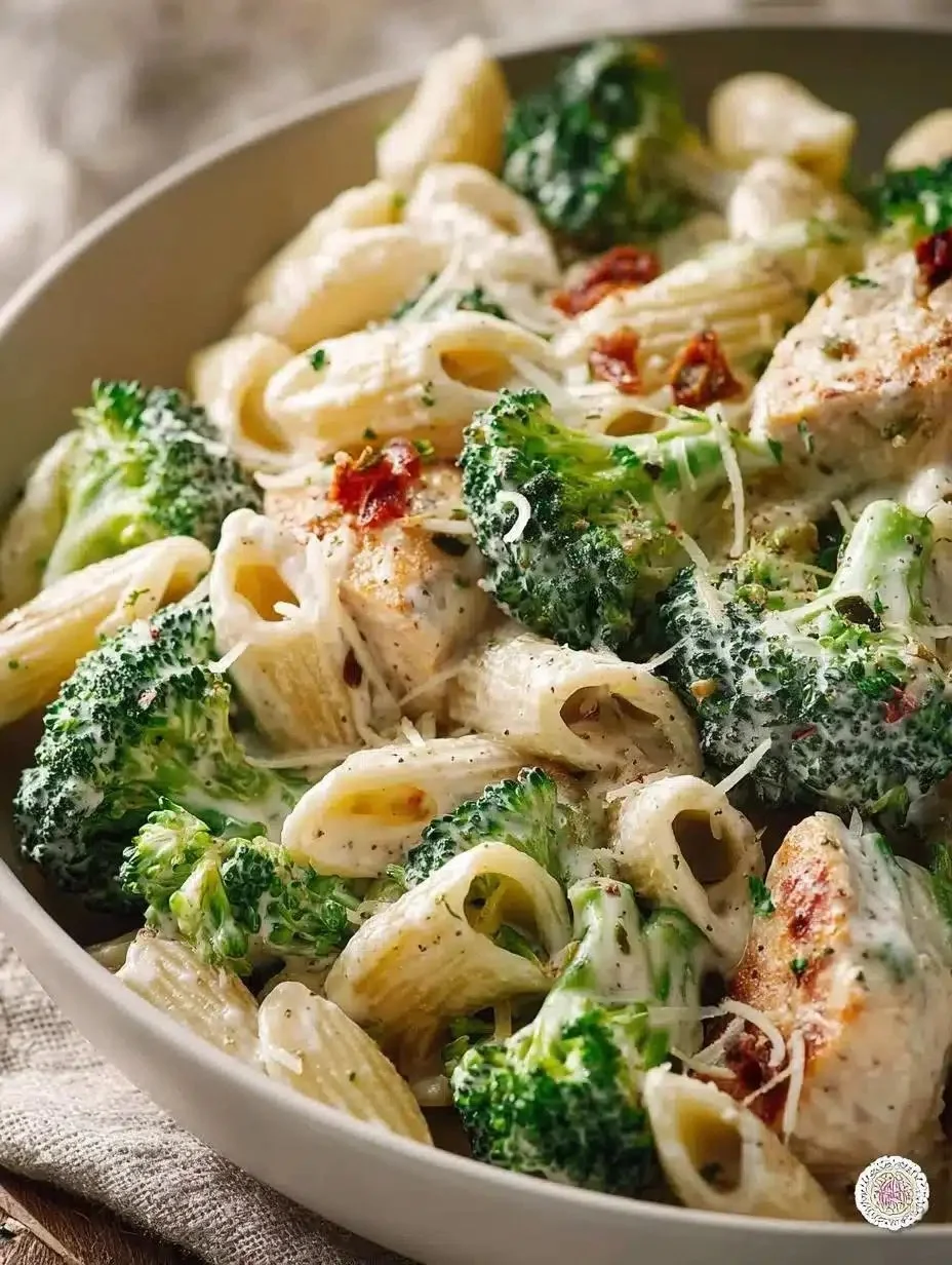 Chicken Broccoli Alfredo — Quick Creamy Weeknight Meal 1 Creamy Chicken Broccoli Alfredo served on a plate with parsley garnish