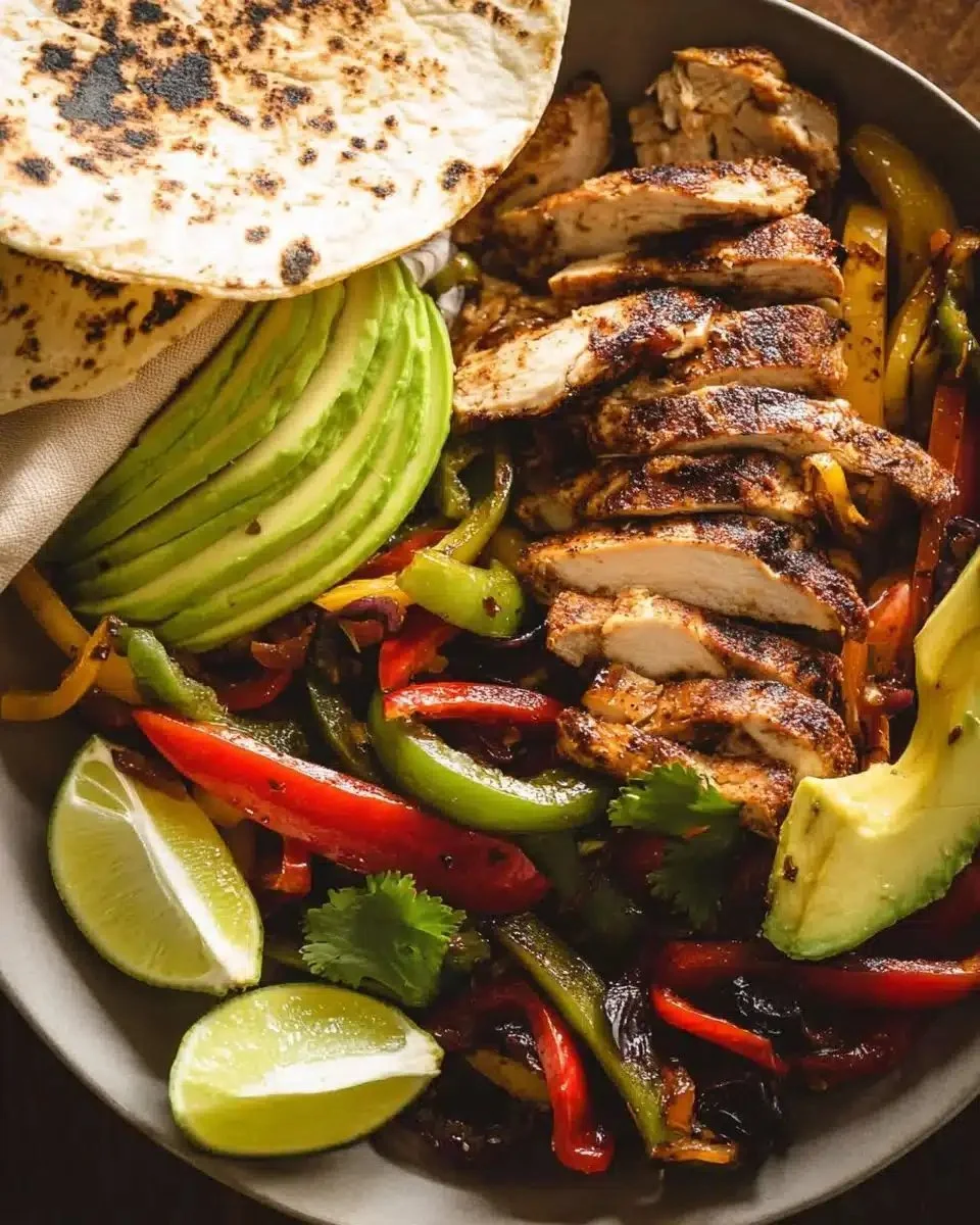 Juicy chicken fajitas served with colorful peppers and onions on a plate