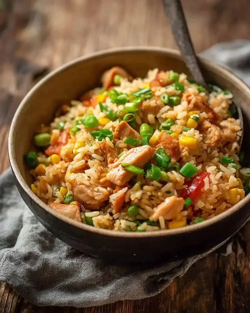 Delicious homemade chicken fried rice served in a bowl