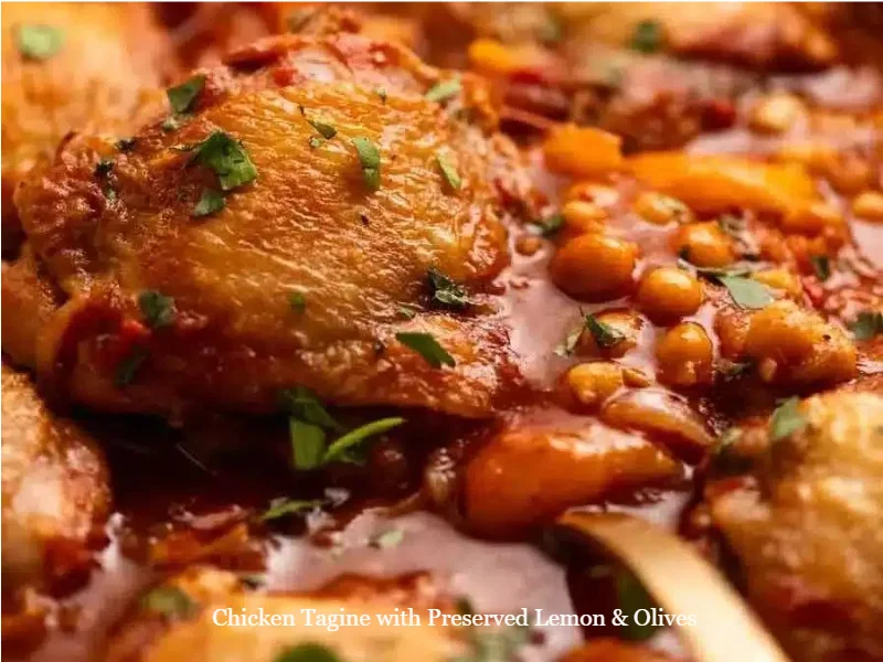 Delicious Chicken Tagine with preserved lemon and olives served on a platter