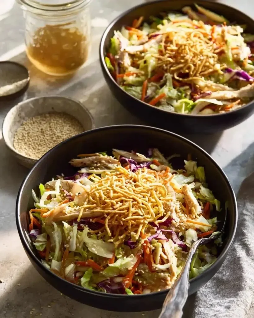 Bowl of Chinese Chicken Salad topped with crunchy sesame dressing and vegetables.
