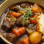 A bowl of classic beef stew with vegetables and herbs, showcasing heartwarming comfort food.