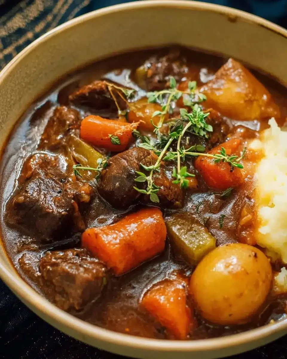 A bowl of classic beef stew with vegetables and herbs, showcasing heartwarming comfort food.