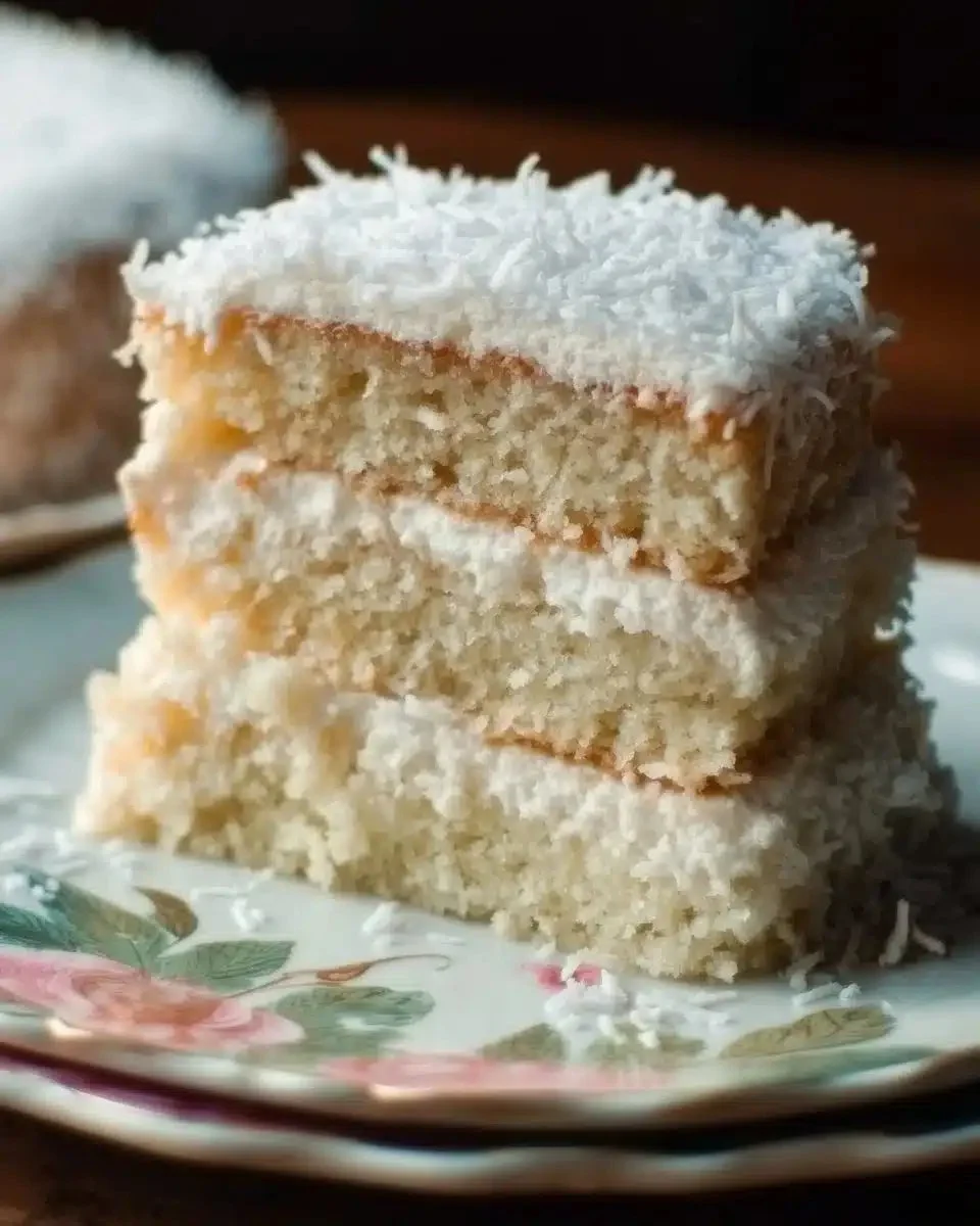 Slice of Classic Coconut Cake with coconut flakes and frosting