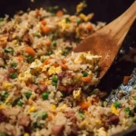Bowl of classic egg fried rice with vegetables and egg