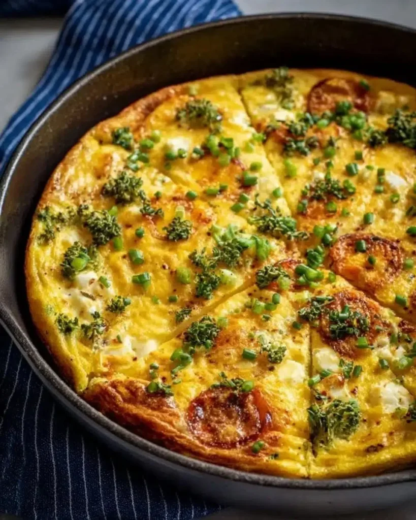 A delicious classic frittata topped with vegetables and herbs