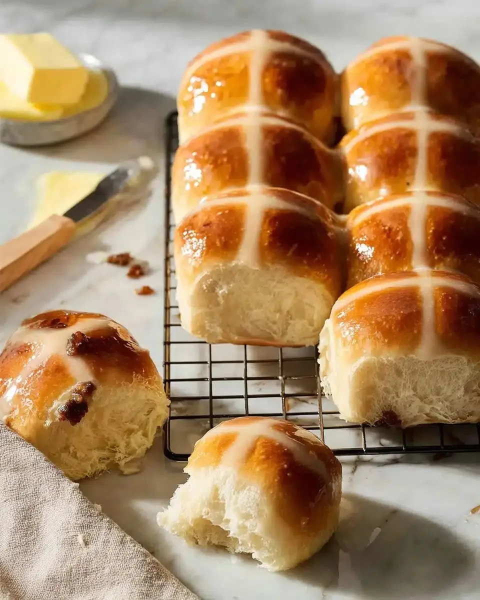 Classic Hot Cross Buns — Soft Spiced Yeast Buns 1 Freshly baked classic hot cross buns with spices and cross topping