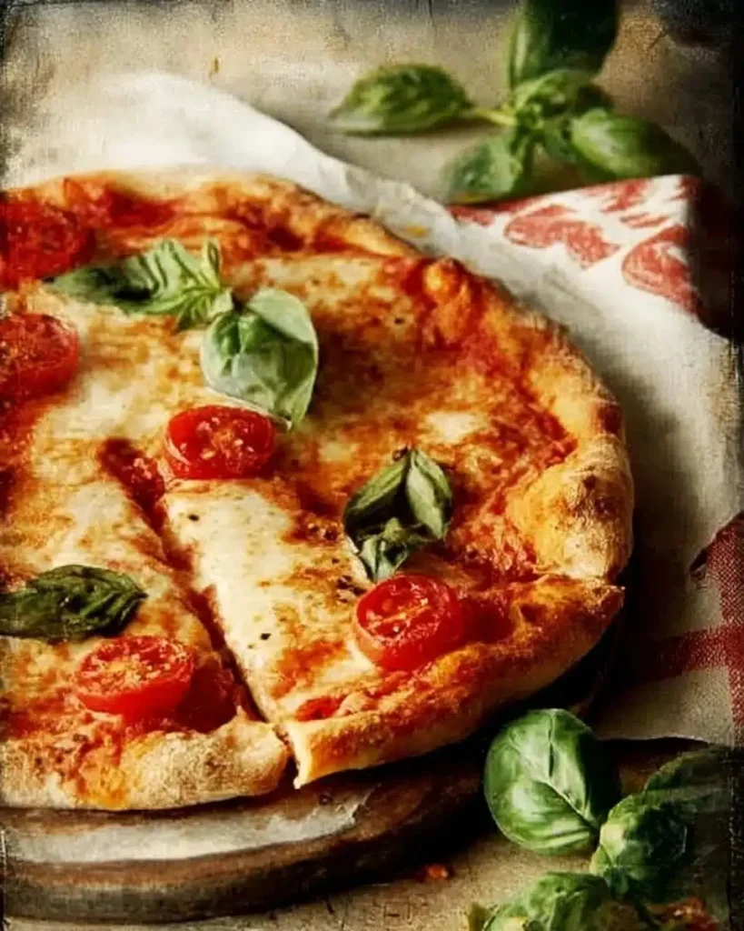 Homemade classic Neapolitan Margherita pizza topped with fresh basil and mozzarella.