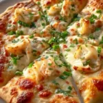 Delicious Crab Rangoon Pizza topped with cream cheese, crab, and crispy crust.