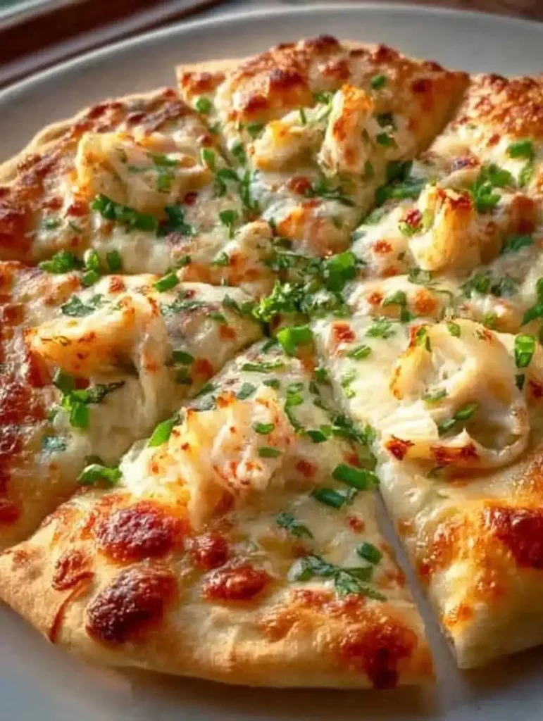 Delicious Crab Rangoon Pizza topped with cream cheese, crab, and crispy crust.