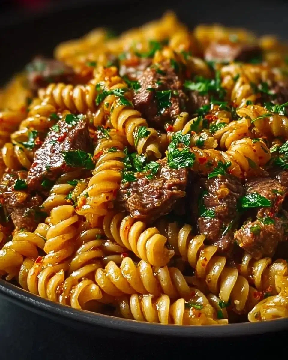 Delicious creamy garlic butter steak pasta served in a bowl