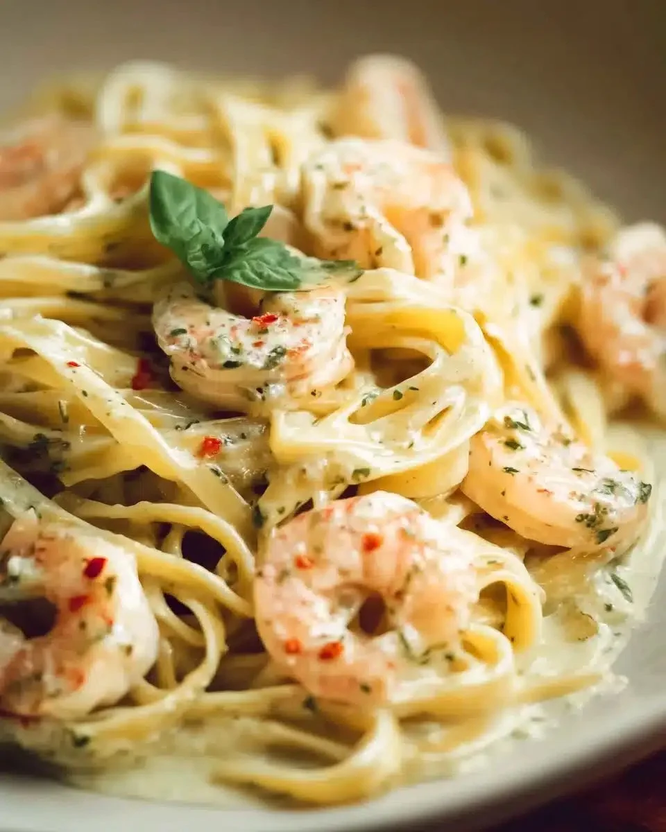 Creamy Garlic Prawn Pasta 1 Creamy garlic prawn pasta dish garnished with parsley