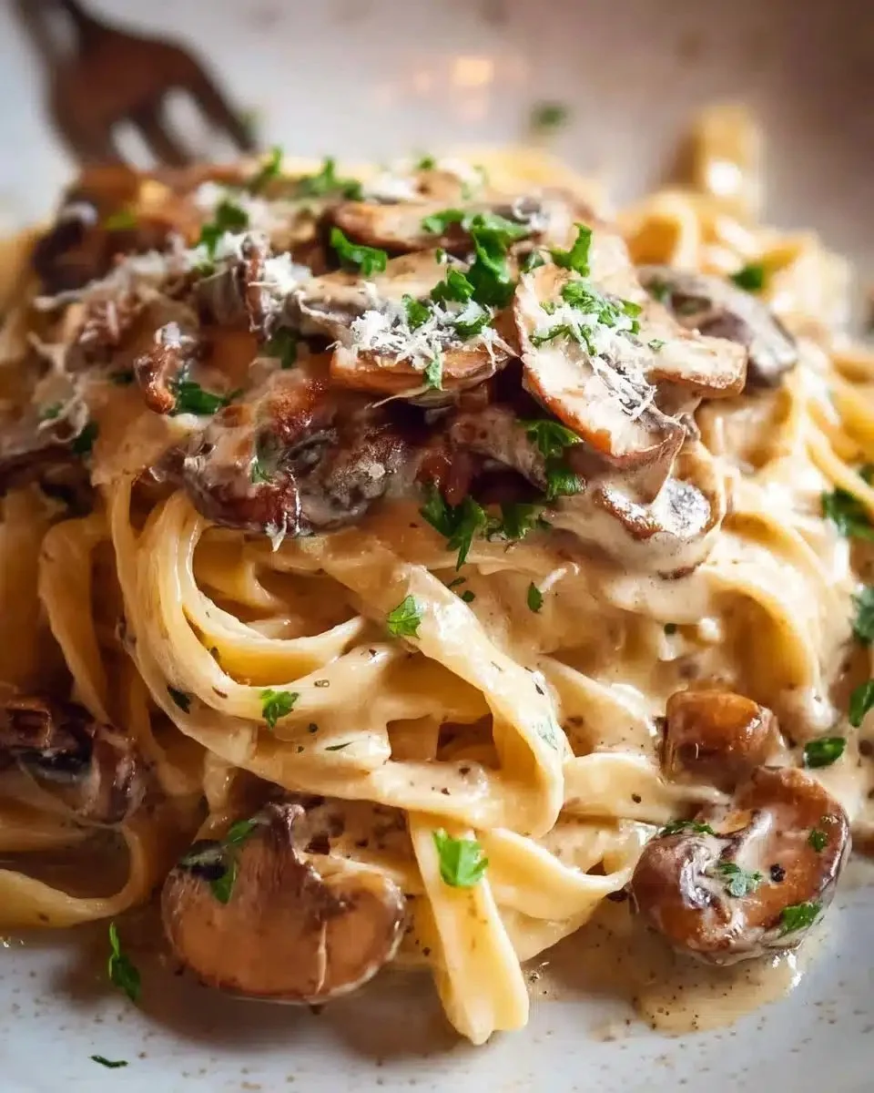 A bowl of creamy mushroom pasta garnished with herbs