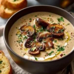 Bowl of creamy mushroom soup topped with fresh herbs and served with bread