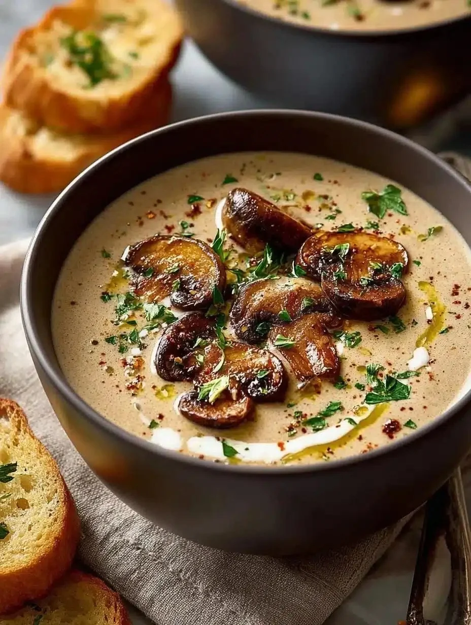 Bowl of creamy mushroom soup topped with fresh herbs and served with bread
