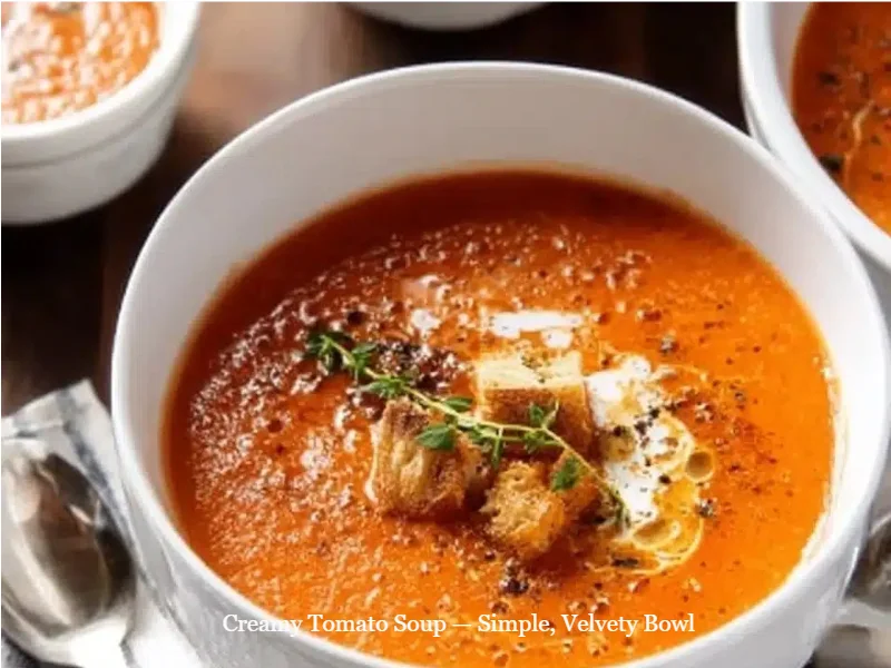 Bowl of creamy tomato soup topped with fresh basil and served with crusty bread