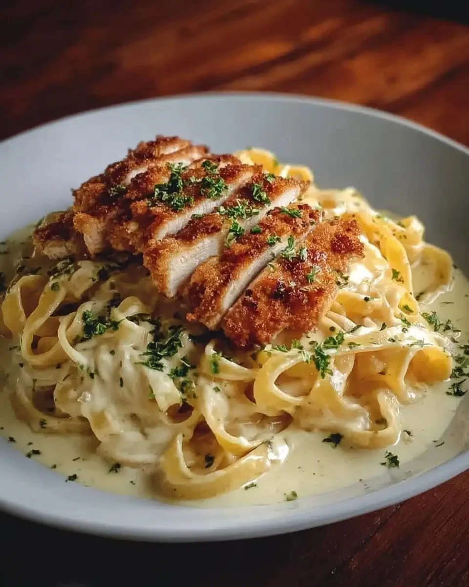 Crispy Chicken with Creamy Pasta 1 Crispy chicken served with creamy pasta dish on a plate