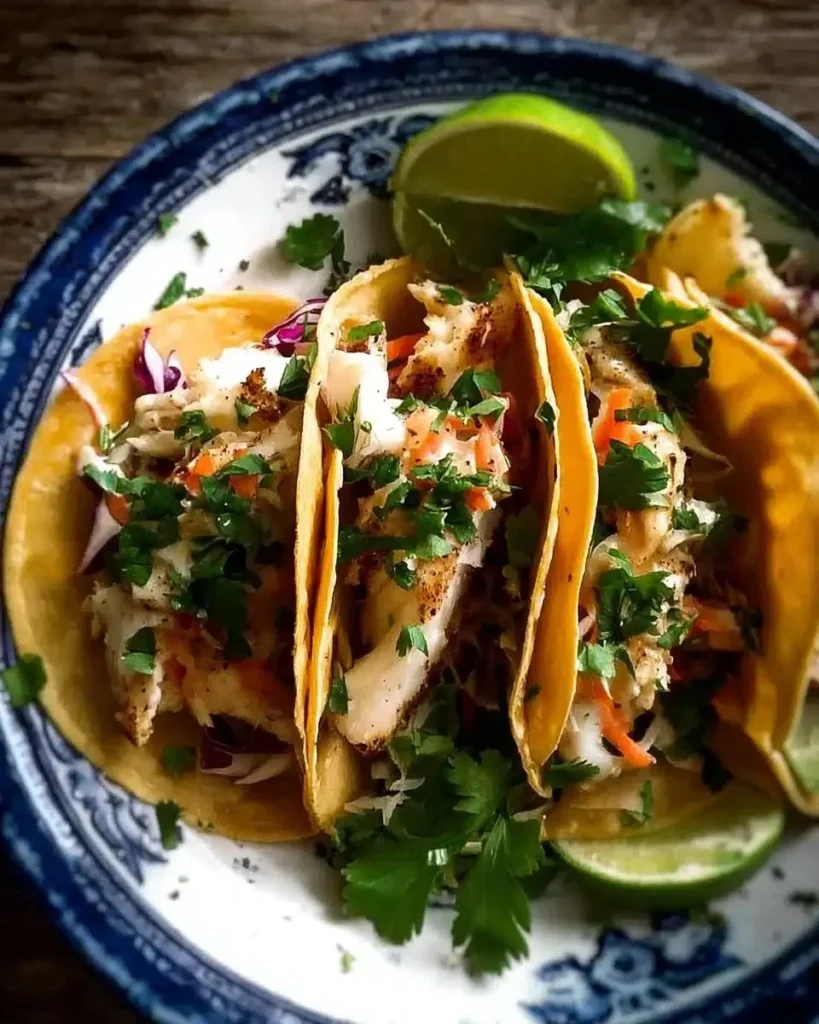 Crispy fish tacos topped with fresh lime slaw served on a plate.