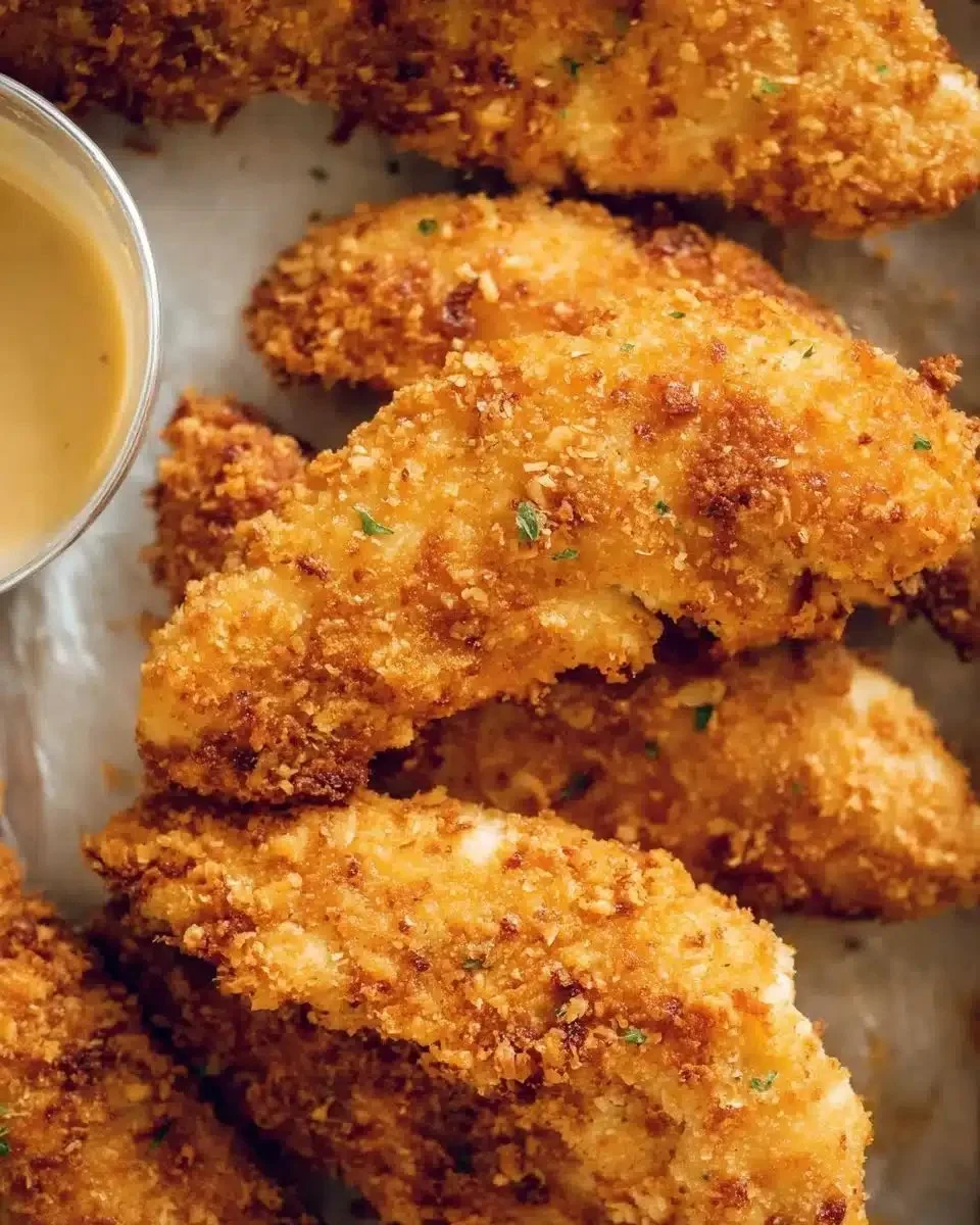 Crispy oven baked chicken tenders served on a plate with dipping sauce