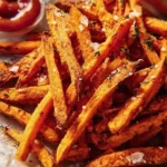 Crispy oven-baked sweet potato fries served with dipping sauce