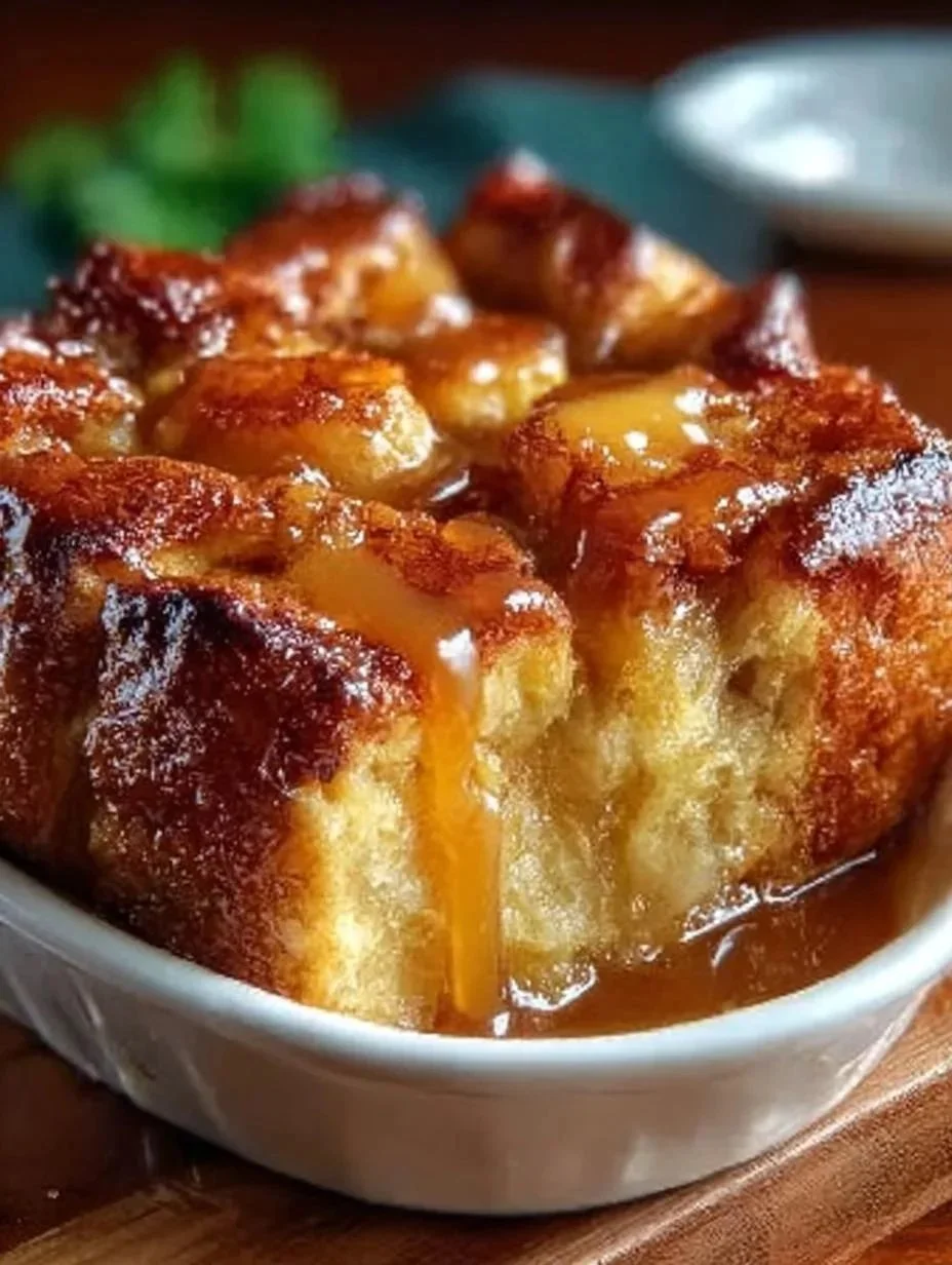 Croissant Bread Pudding with Caramel 1 Delicious croissant bread pudding topped with caramel sauce