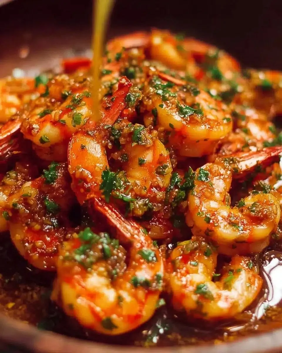 Delicious Garlic Prawns served on a plate with herbs and spices.