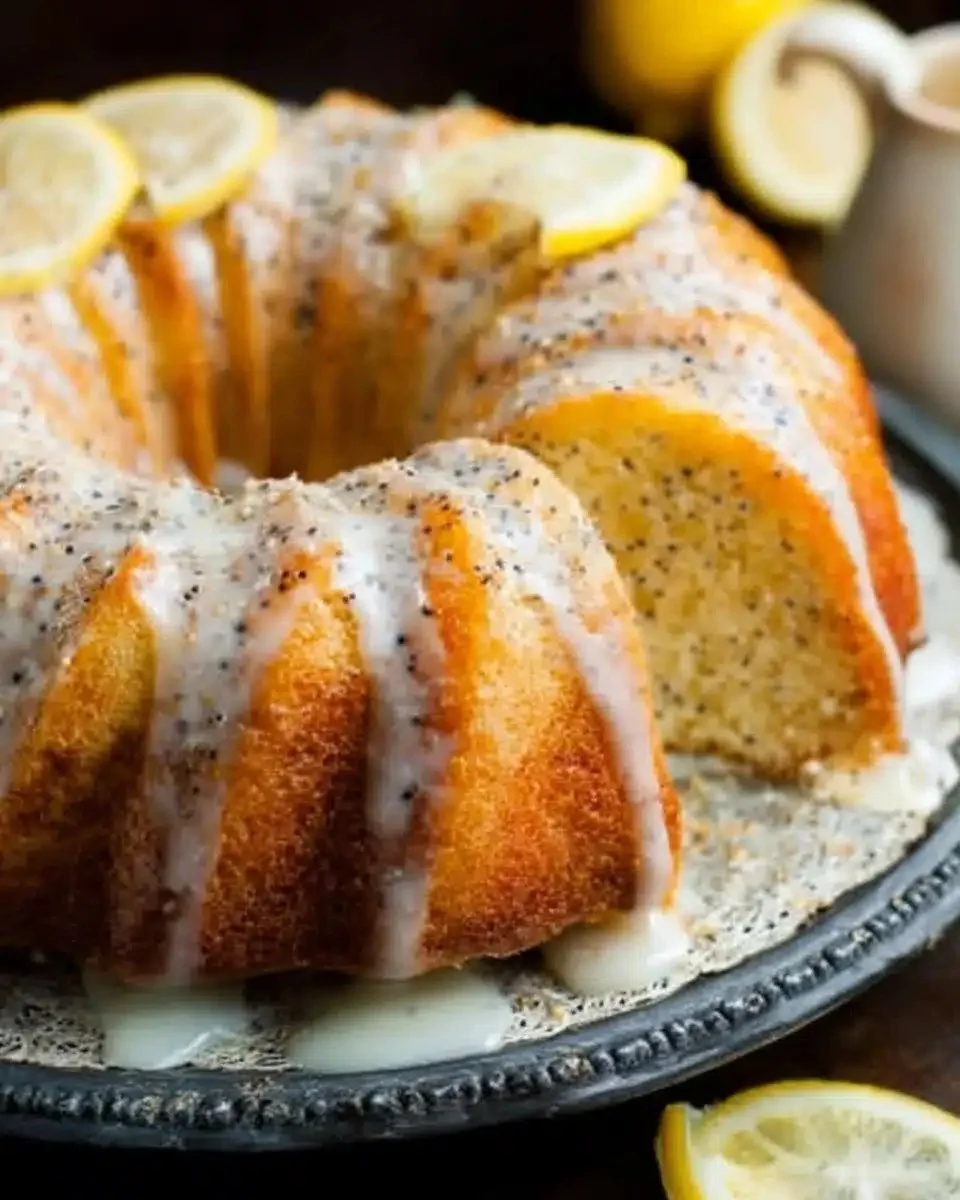 Glazed Lemon Poppy Seed Bundt Cake topped with lemon glaze and poppy seeds