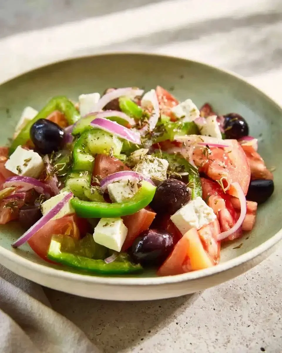 Greek salad with Homemade Dressing 1 Delicious Greek salad garnished with fresh vegetables and homemade dressing.
