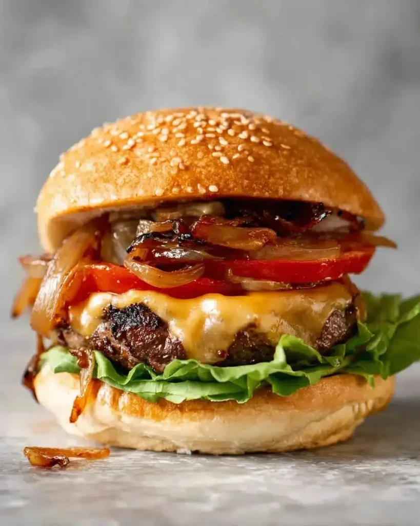 Delicious juicy hamburgers ready to be served on a grill