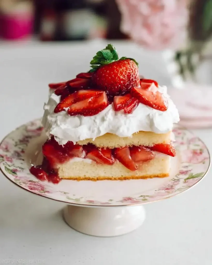 One layer strawberry shortcake cake topped with fresh strawberries and cream