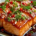 Orange Teriyaki Salmon garnished with citrus slices and sesame seeds