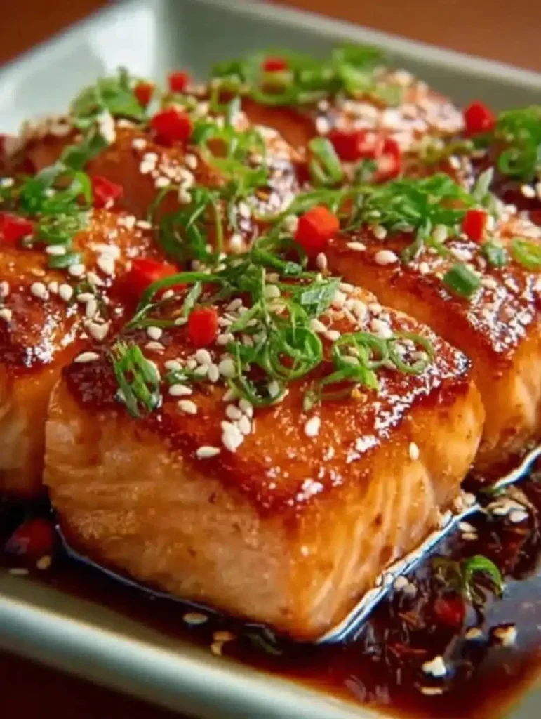 Orange Teriyaki Salmon garnished with citrus slices and sesame seeds