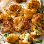 Parmesan-Crusted Roasted Cauliflower garnished on a serving platter