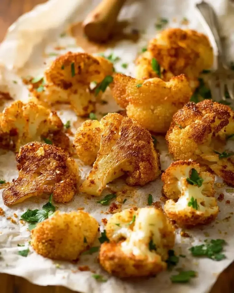 Parmesan-Crusted Roasted Cauliflower garnished on a serving platter