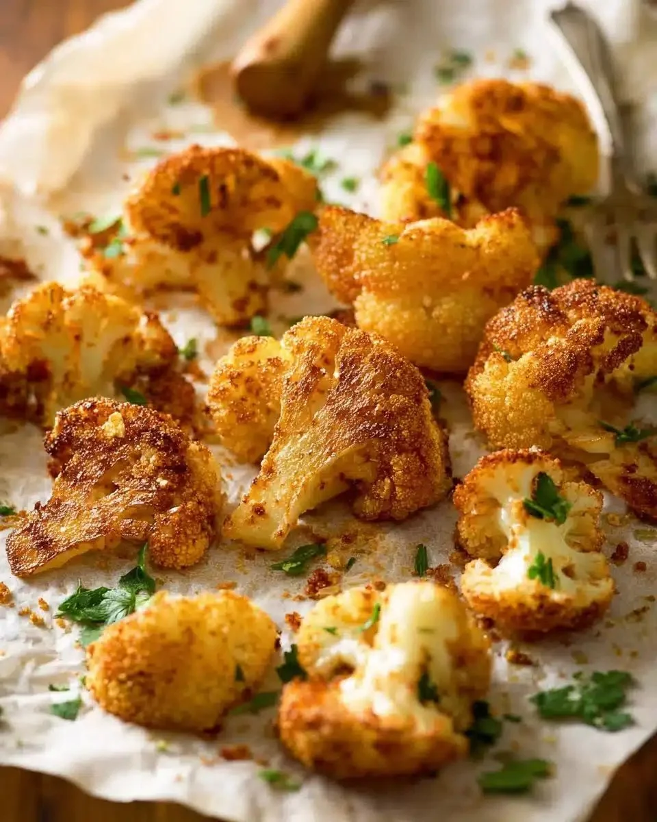 Parmesan-Crusted Roasted Cauliflower garnished on a serving platter