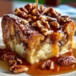 Delicious pecan pie bread pudding topped with caramel sauce and pecan pieces.