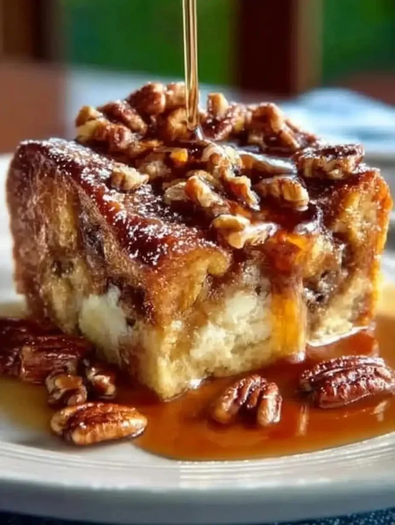 Delicious pecan pie bread pudding topped with caramel sauce and pecan pieces.