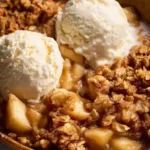 A delicious serving of perfect apple crumble with a golden crispy topping.