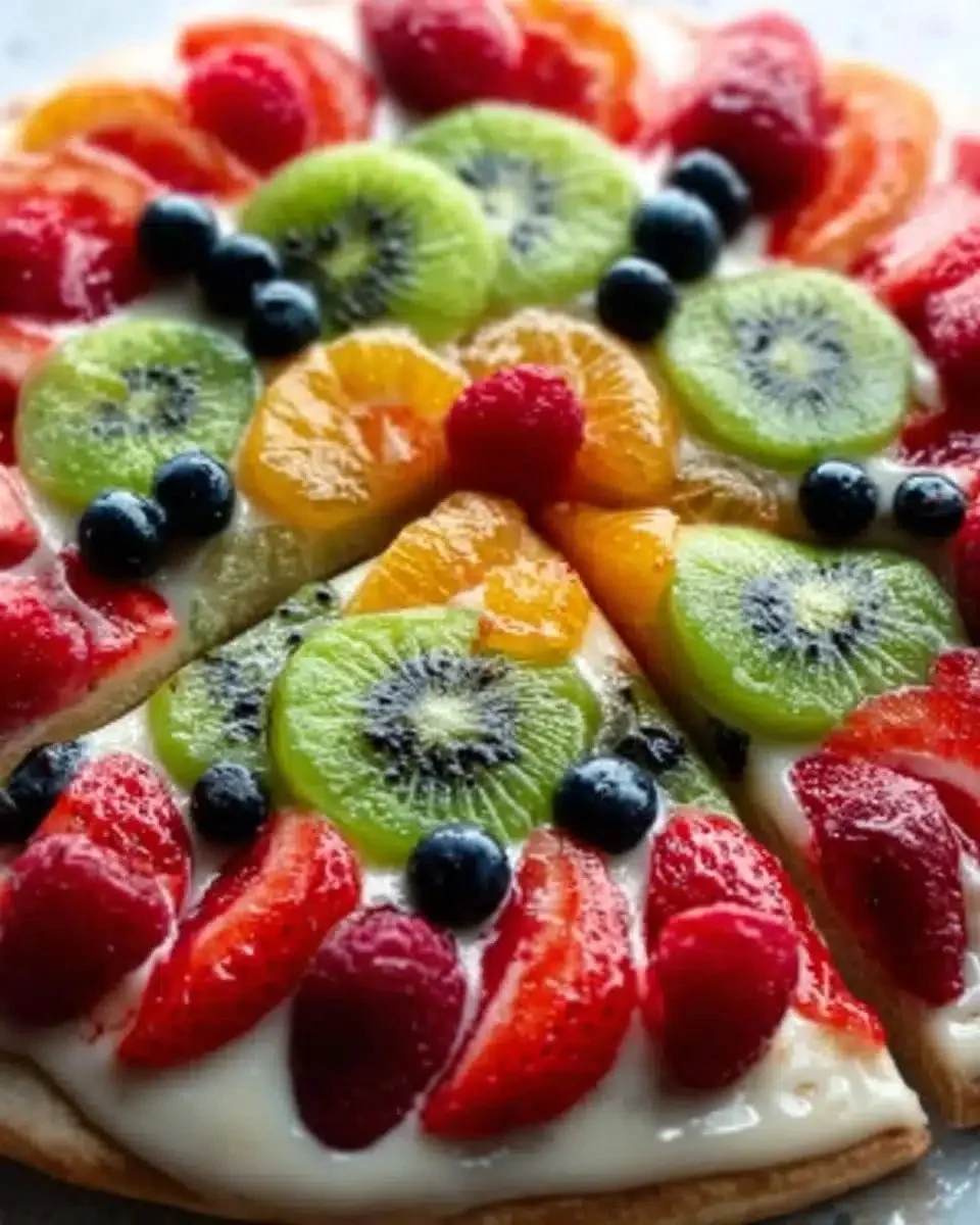 Deliciously topped fruit pizza with fresh strawberries, kiwi, and blueberries