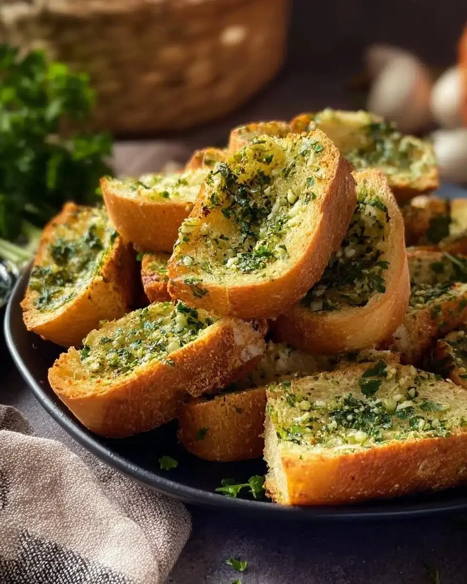 Deliciously toasted slices of perfect garlic bread with herbs and butter.