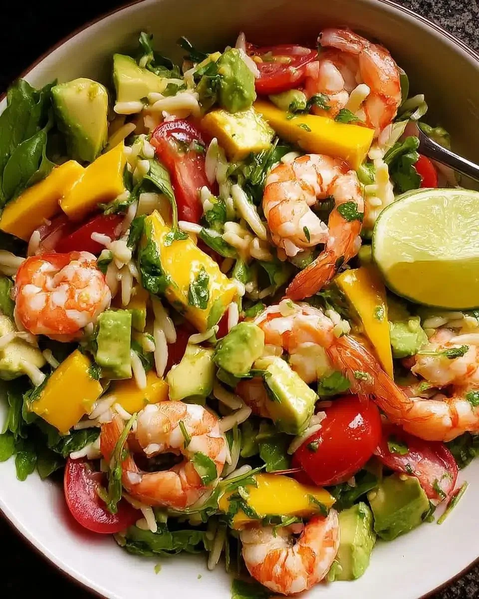 Colorful prawn mango avocado salad with lime dressing in a bowl
