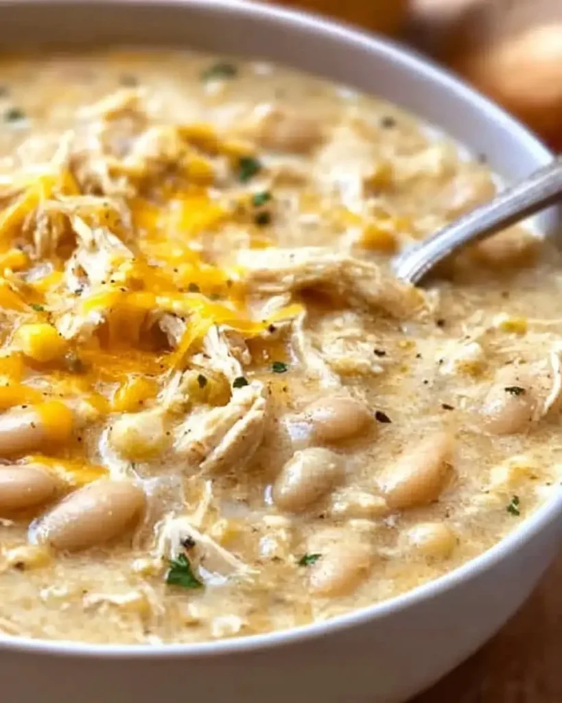 Bowl of quick and easy white chicken chili garnished with cilantro