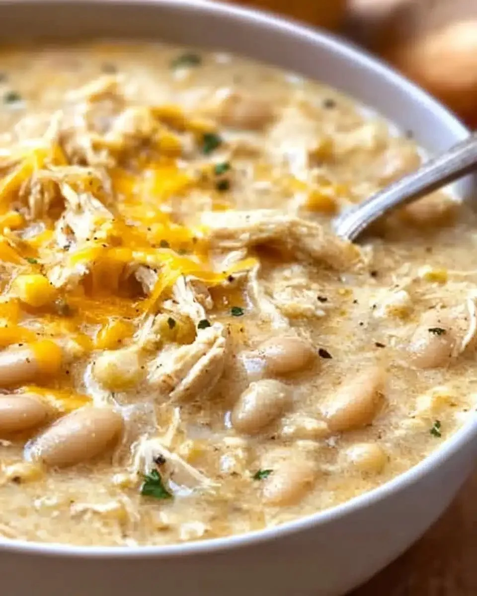 Bowl of quick and easy white chicken chili garnished with cilantro