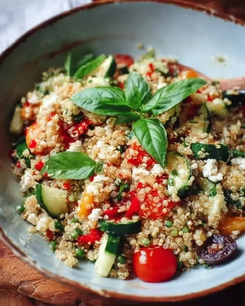 Colorful quinoa salad with fresh vegetables and dressing