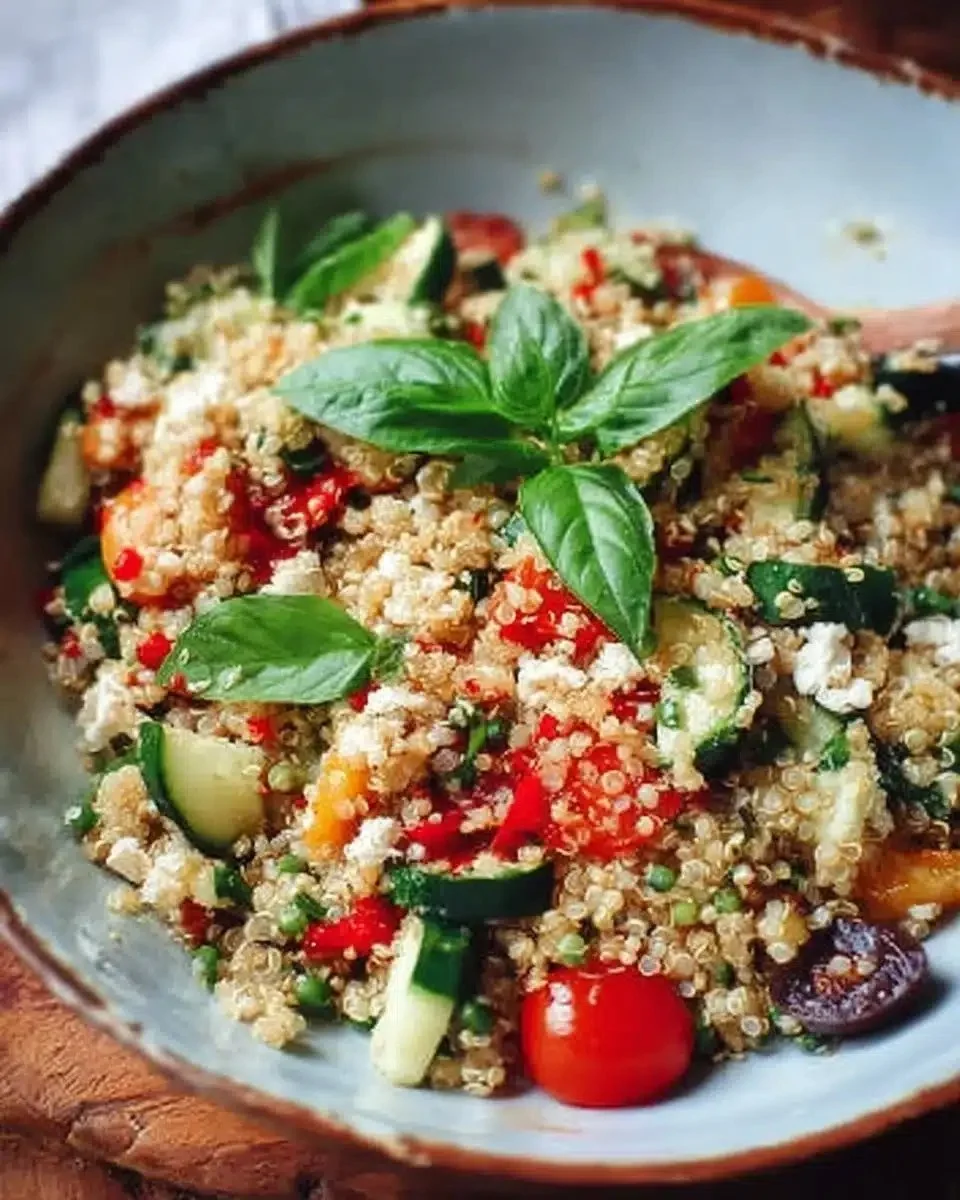Colorful quinoa salad with fresh vegetables and dressing