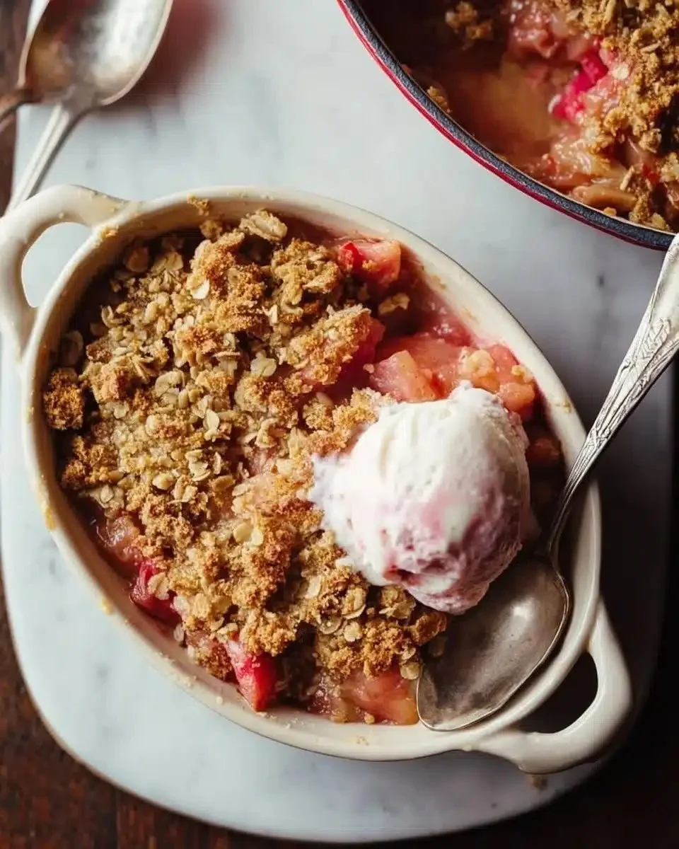 Delicious homemade rhubarb crisp with golden topping and fresh rhubarb