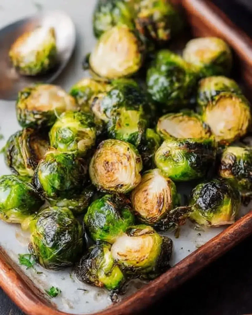Plate of perfectly roasted Brussels sprouts seasoned for flavor