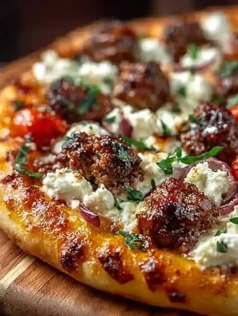 Delicious homemade Sausage Feta Pizza topped with fresh ingredients