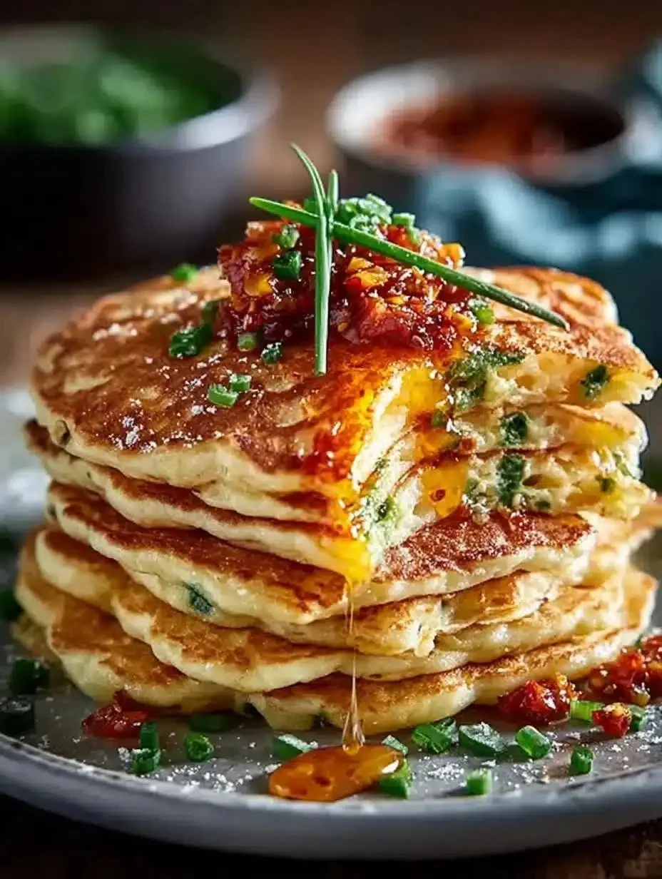 Savory dinner pancakes with chili butter served on a plate