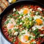 Delicious shakshuka served in a pan with fresh ingredients for brunch